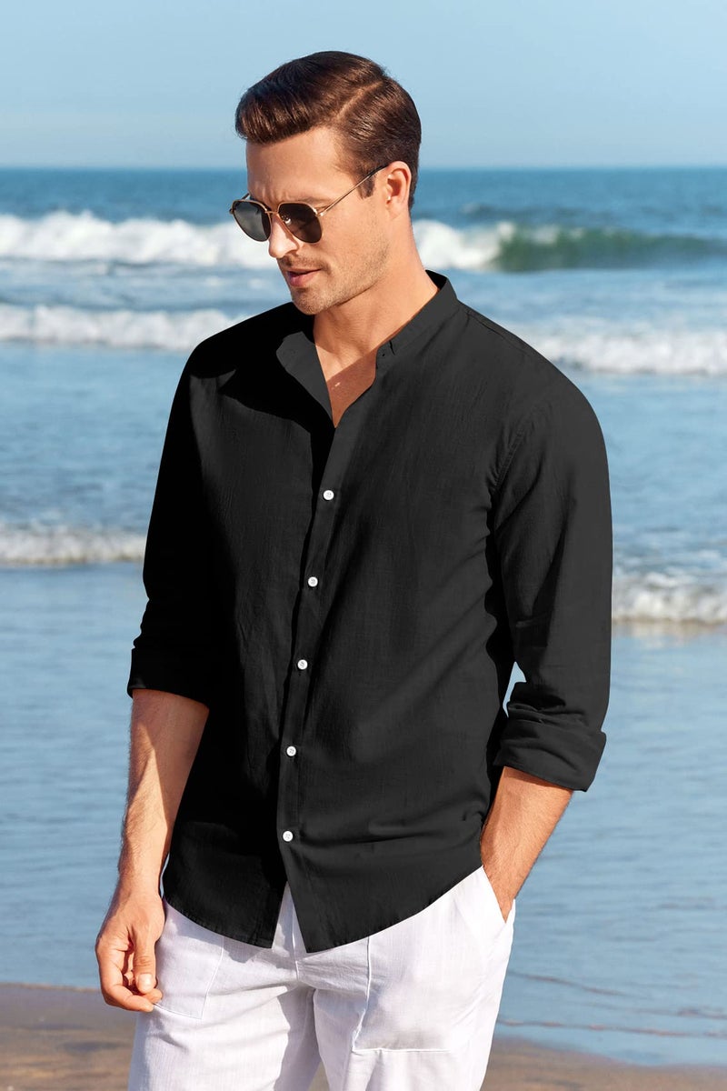 Makkrom Men Linen Shirt Button Down Long Sleeve Cotton Beach Band Collar Casual Summer Shirts - Image 4
